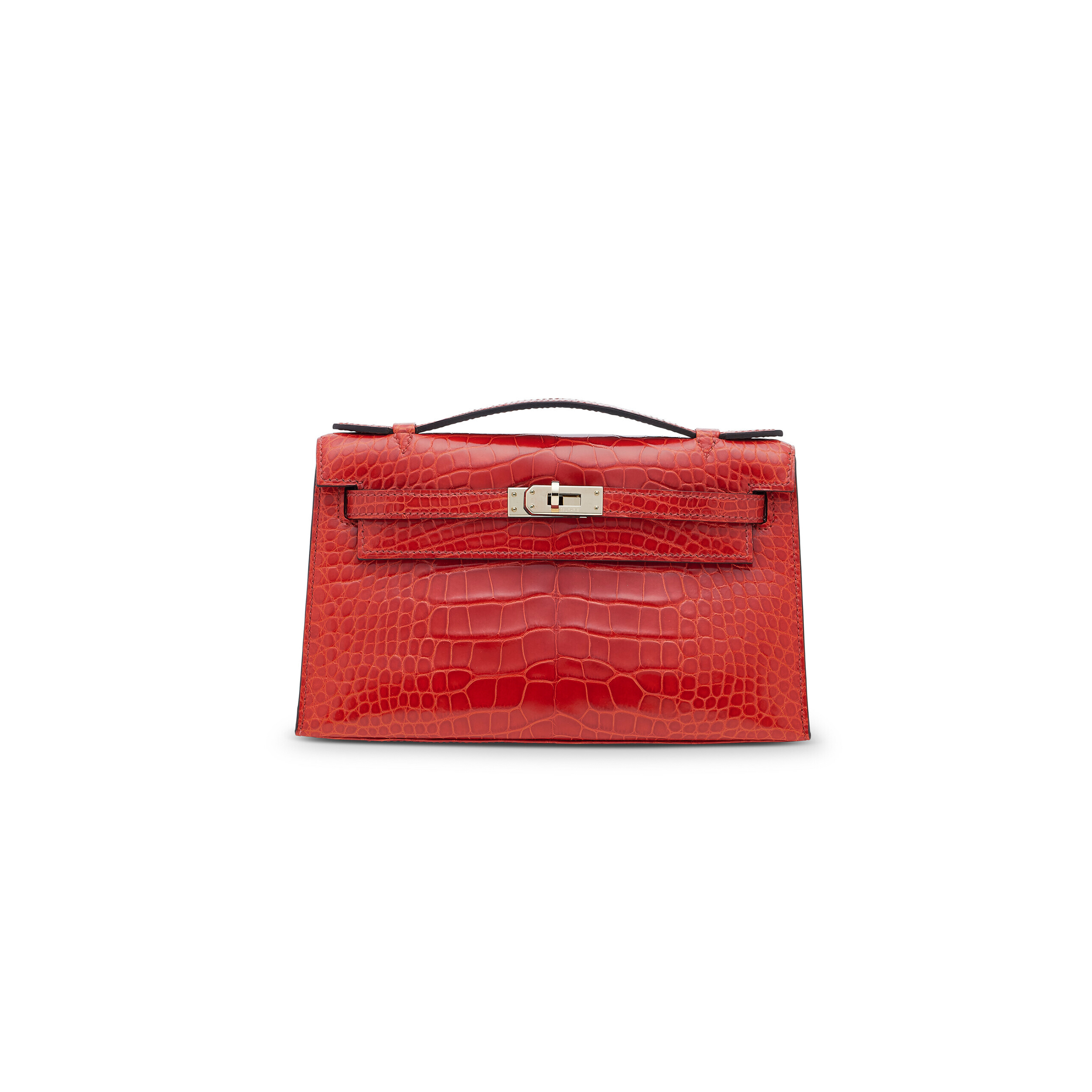 HERMÈS MASTER A SHINY SANGUINE ALLIGATOR KELLY POCHETTE WITH PERMABRASS HARDWARE (22*14*7cm) 